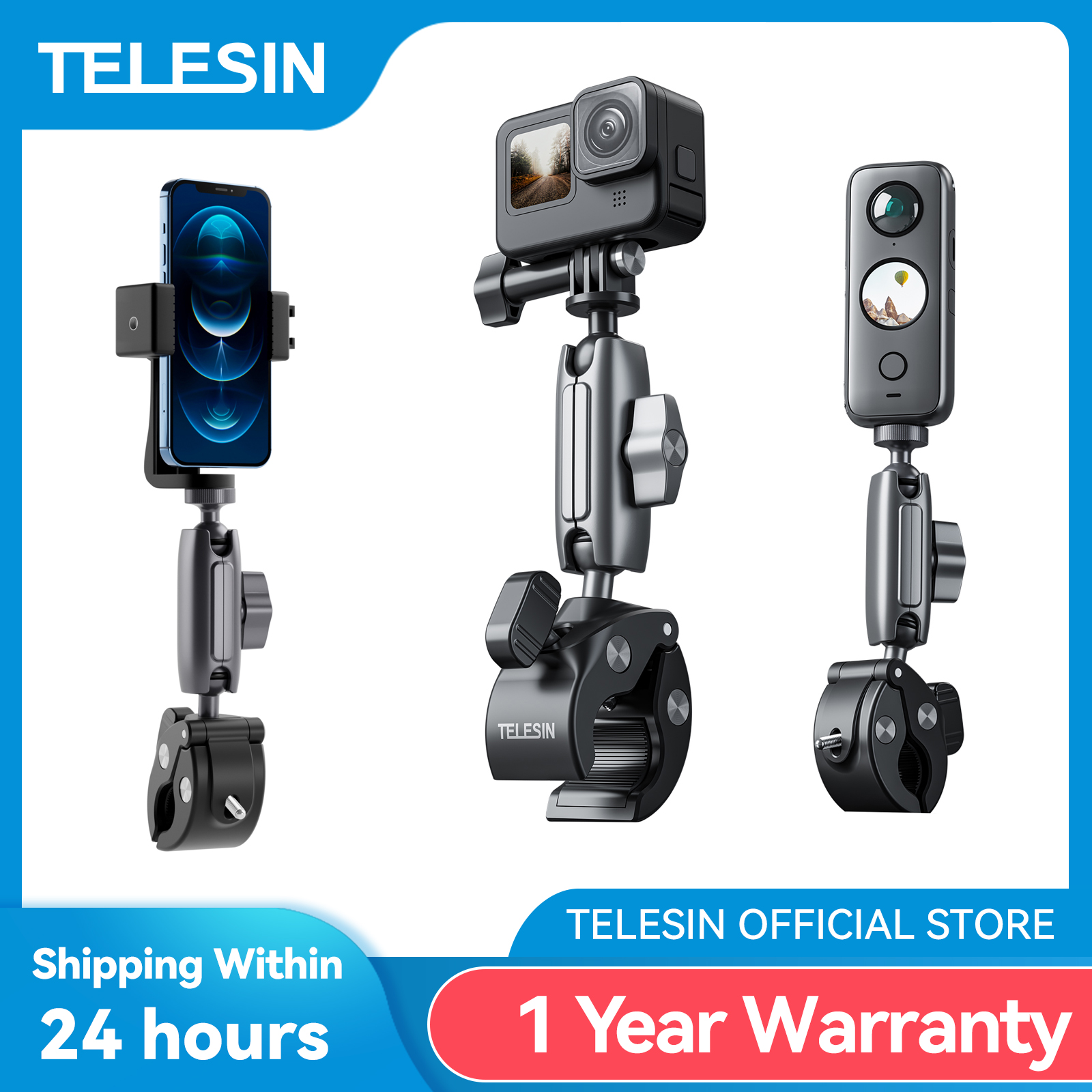 TELESIN Cycling Motorcycle Clip Magic Arm 360° °   Super zacisk ze stopu aluminium 1/4" otwór do kamery GoPro telefon komórkowy kamera akcji