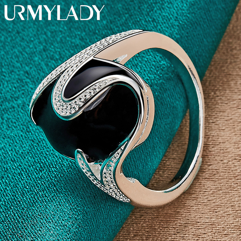 URMYLADY Ossidiana rotonda in argento sterling 925 7-10 #   Anello per le donne Gioielli di moda di fidanzamento con fascino di nozze