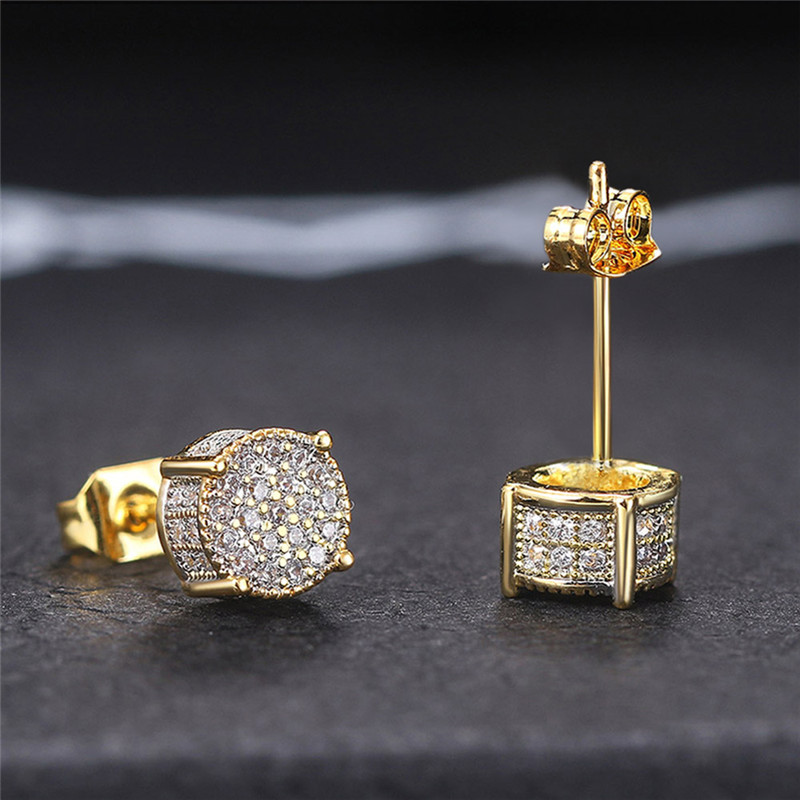 Huitan-pendientes de tuerca de forma redonda para mujer, piedra CZ brillante pavimentada, Color plata/oro, joyería versátil para las orejas a la moda para todos los días