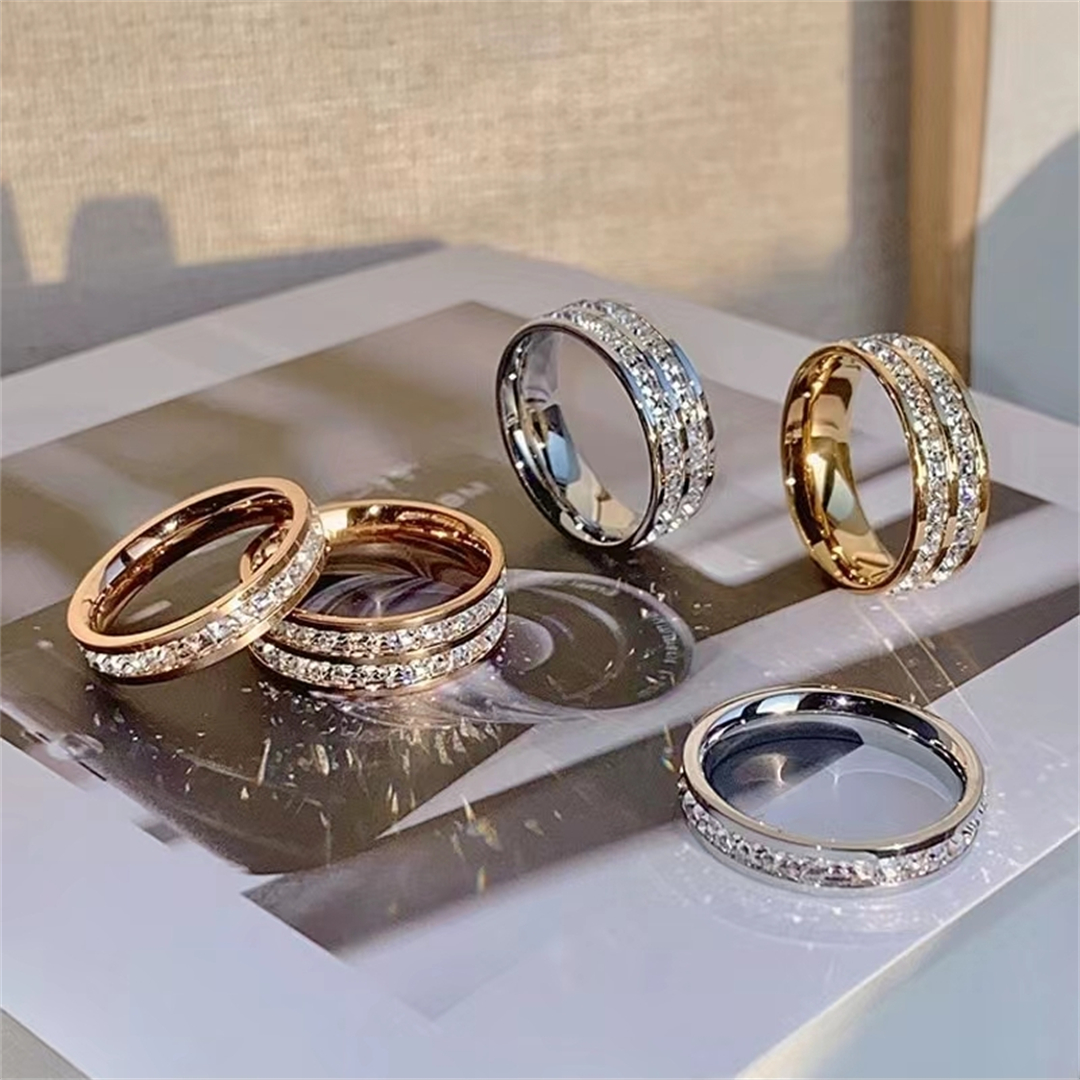 Anillo de acero inoxidable con circonita cuadrada de doble hilera de oro rosa de lujo, joyería romántica para fiesta y boda, regalo para mujer