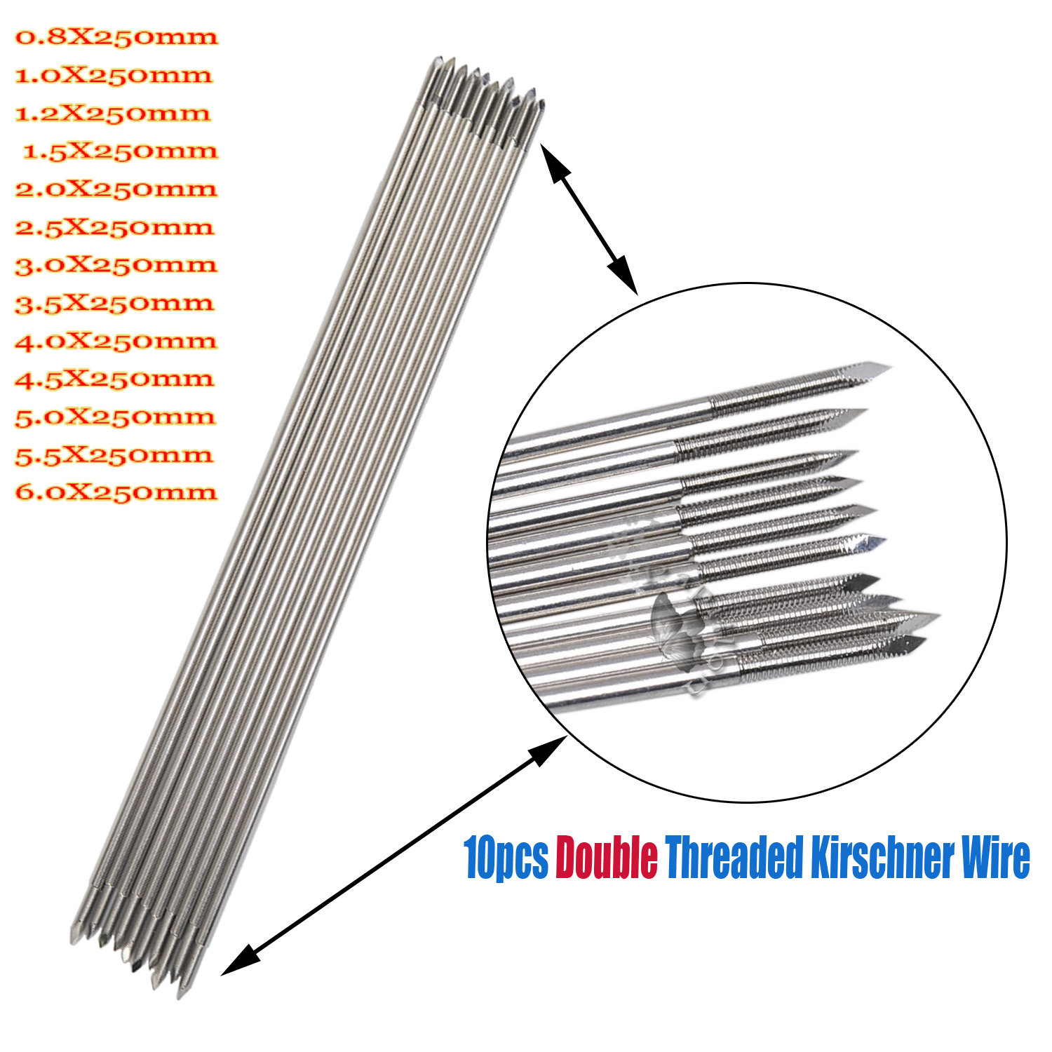 10 stks Dubbelzijdig Schroefdraad Kirschner Draad Trocar Draad Rvs Orthopedische K-Wire Pins Trocar Een Uiteinden Veterinaire