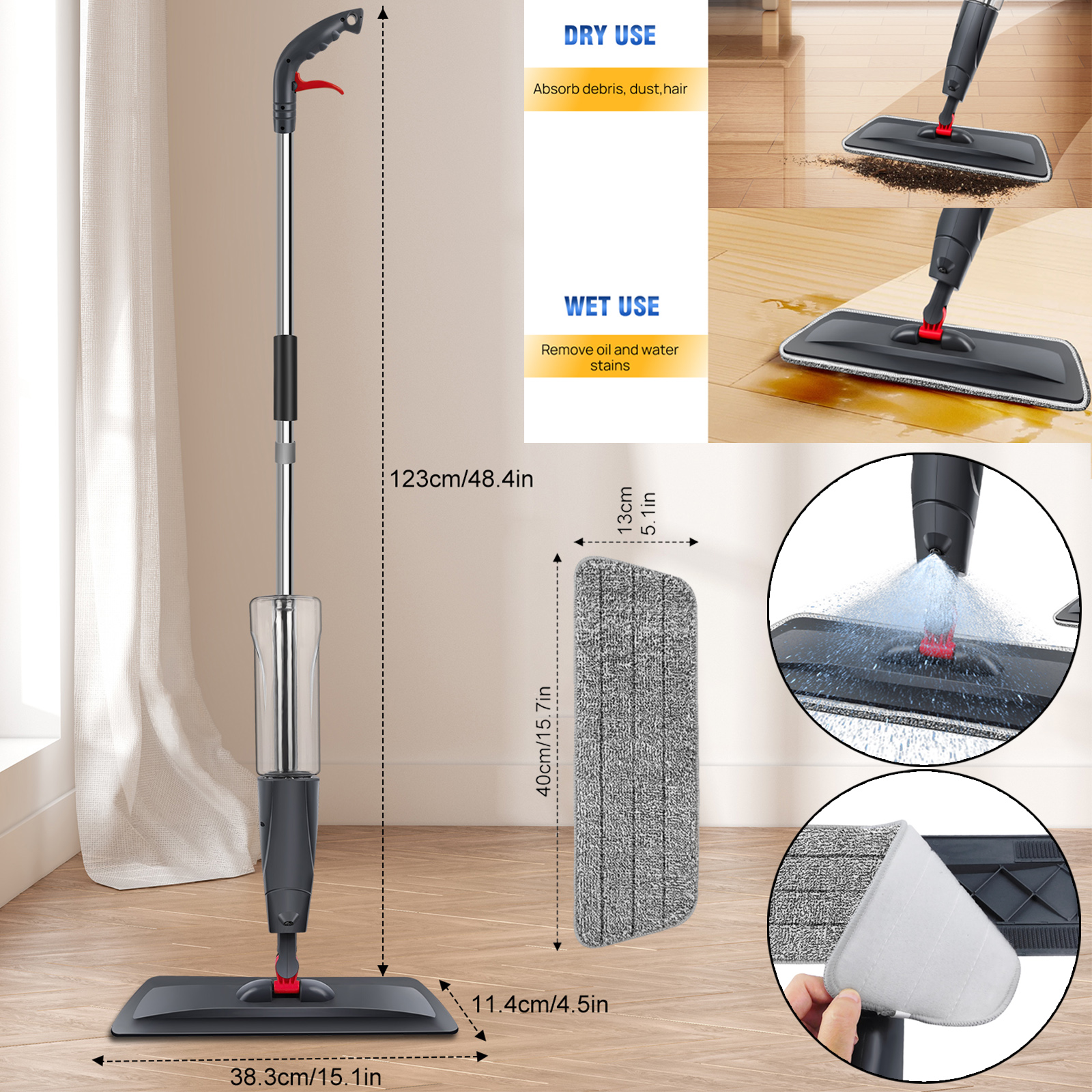 สเปรย์ Mop ชุดไม้กวาด Magic Flat Mops สําหรับทําความสะอาดพื้นบ้านในครัวเรือนเครื่องมือพร้อมแผ่นไมโครไฟเบอร์แบบใช้ซ้ําได้ 360 °   หมุนได้ 700มล