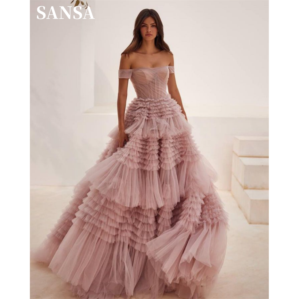 Sansaสีชมพูปิดไหล่Tulleพรหมชุดหลายที่กําหนดเองVestidos De Fiesta Lace Upกลับชุดราตรี 2024