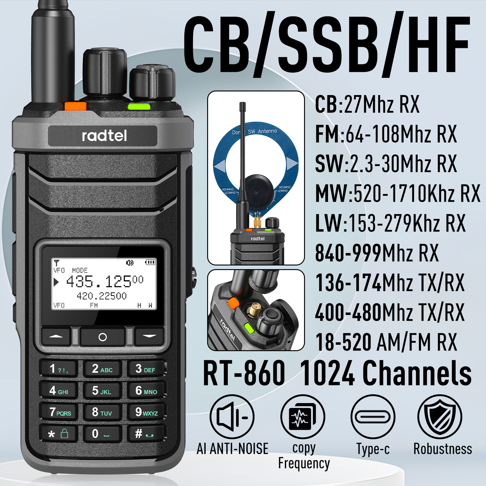 Radtel RT-860 Radioaficionado multibanda HF UHF VHF de doble banda con AM USB LSB CW CB LW MW SW SSB recepción, 1024 canales, batería de 2000 mAh