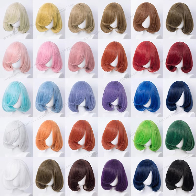 Peluca de Cosplay Bob corto de 35cm, dorado, amarillo, rojo, morado, negro, azul, rosa, pelo Bobo para mujer, pelo resistente al calor, pelucas universales de Anime