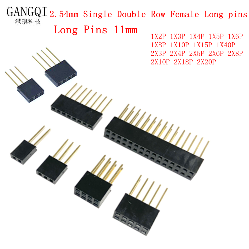 10 Uds. De pines largos hembra de doble fila de 2,54mm, conector de enchufe de placa PCB de 11mm, 2 ~ 20 pines para conector Arduino