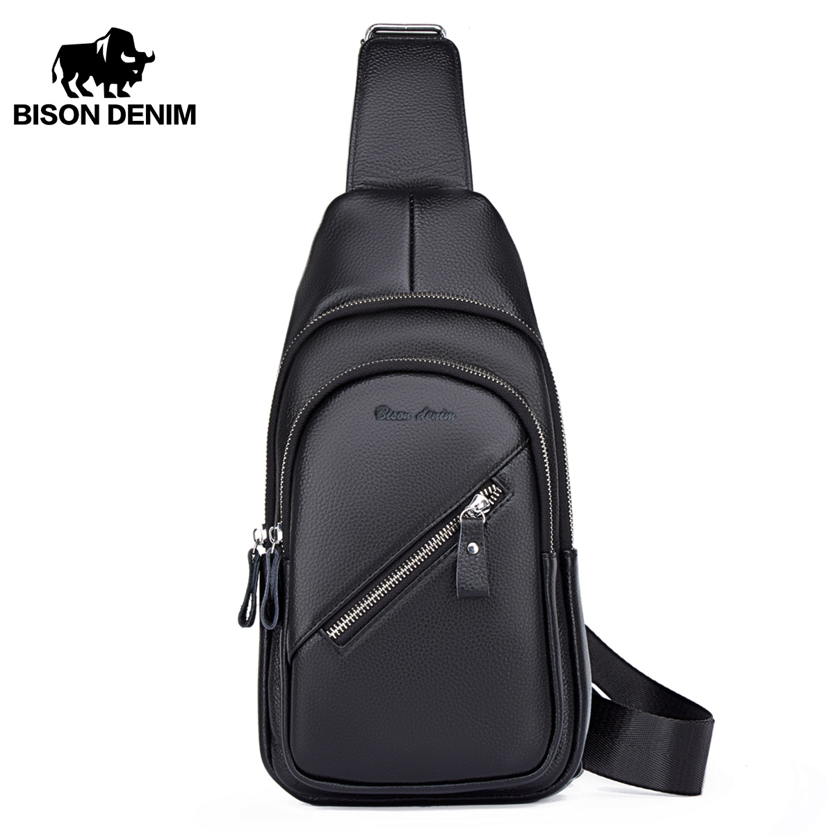 Bisondenim saco de peito de couro genuíno masculino casual mensageiro saco de peito dos homens da forma grande capacidade sacos de peito de negócios