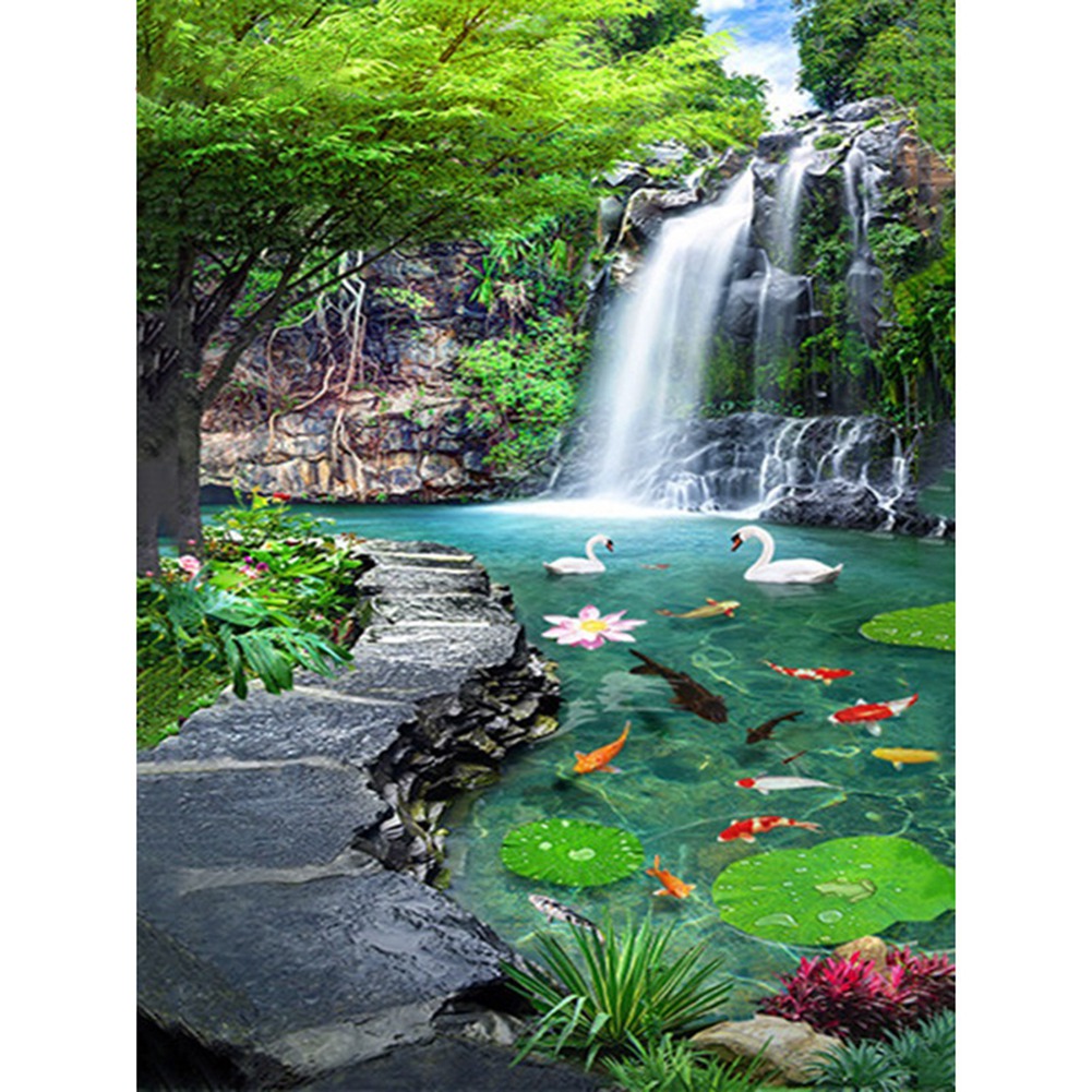 5D cascada paisaje pez DIY diamante bordado paisaje completo diamantes de imitación decoración del hogar