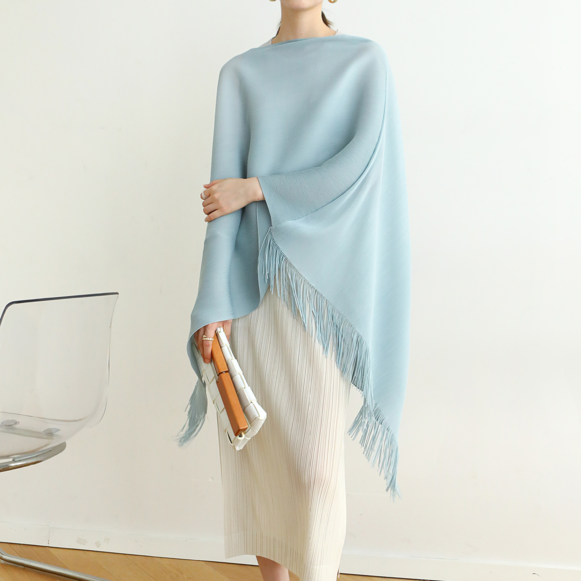 Alsey Miyake เสื้อแจ็กเก็ตคลุมไหล่แบบเรียบง่ายไม่มีแขนมีจีบขอบเสื้อผู้หญิงสีแข็งแกร่งหรูหราอ่อนแบบไม่สม่ำเสมอสำหรับฤดูใบไม้ร่วงฤดูใบไม้ผลิ