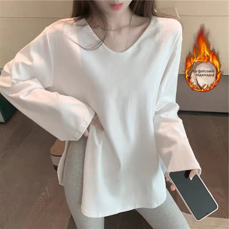 Fce Lined V-Ne ort Sve Women's T-irt White Base Layer irt Warm Long Sve Top for Autumn Winter Commute Sle
