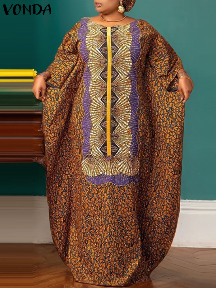 VONDA de talla grande para mujer, vestido largo bohemio 2024, vestido veraniego estampado informal holgado con manga de ala de murciélago, Vestidos largos con cuello redondo