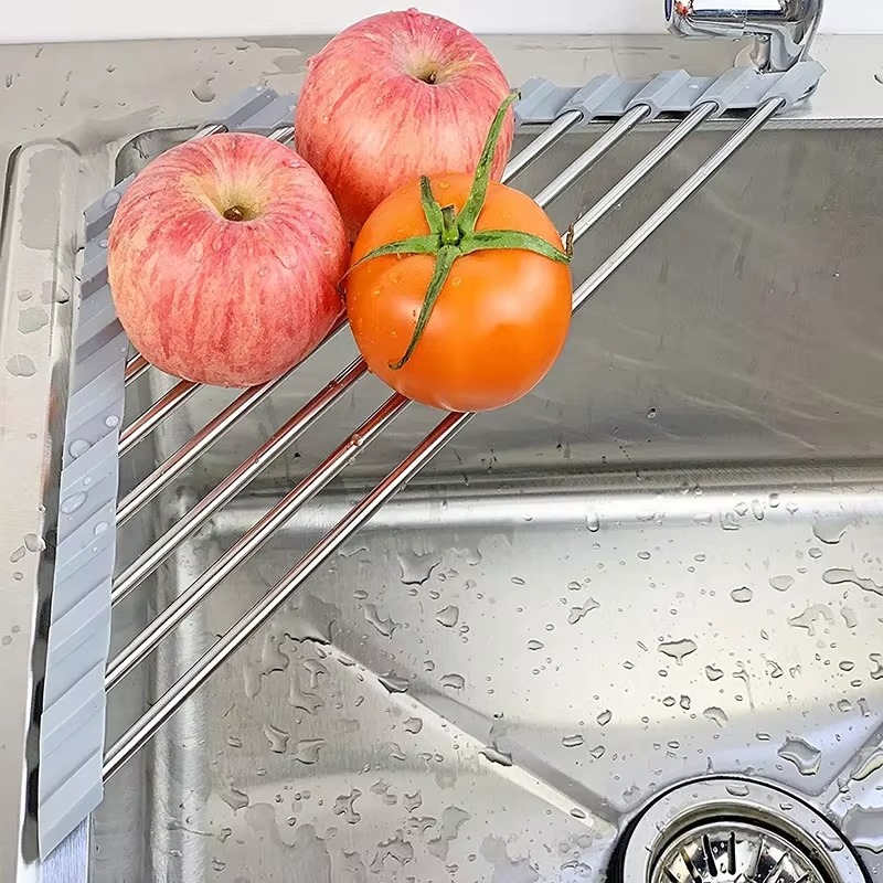 Rejilla triangular enrollable para secado de platos, organizador para fregadero de cocina, soporte para trapo de esponja sobre el fregadero, escurridor plegable de acero inoxidable
