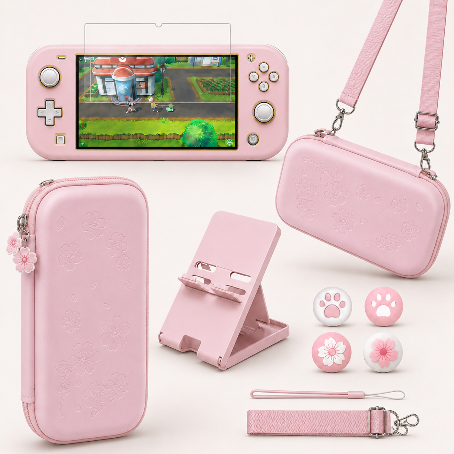 Różowe etui podróżne Akcesoria do Nintendo Switch Lite Cute Sakura Poch Torba transportowa z paskiem Stojak Temper Film Glass Protector