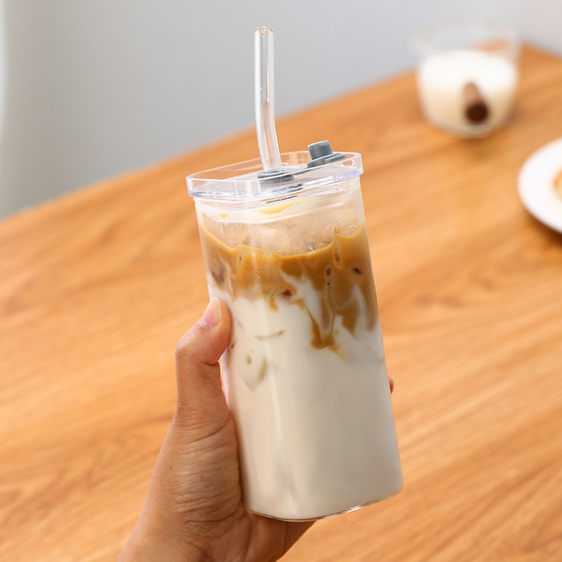 Tasse en verre à café carrée avec couvercle et paille, degré de chaleur, lait transparent, thé, jus, standard, maison, bar, verres, 400ml