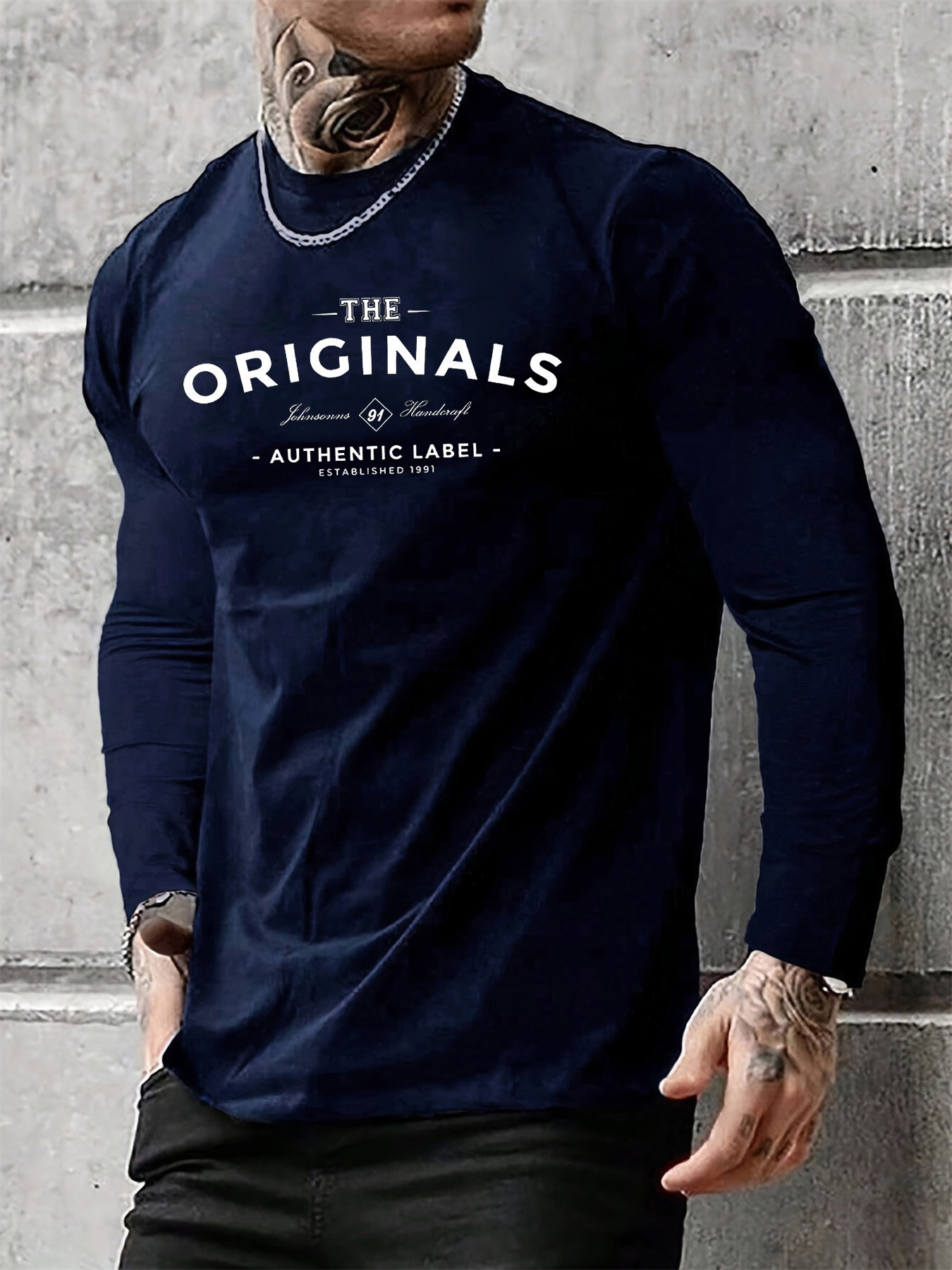 Heren 100% puur katoen, losse en comfortabele casual sport THE ORIGINALS T-shirt met ronde hals en lange mouwen met letterprint