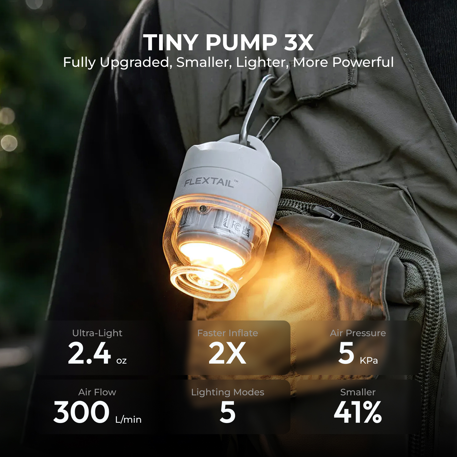 FLEXTAIL TINY PUMP 3X - Ultralekka przenośna pompka powietrza 3X - 5kPa, 5 trybów świecenia, wielofunkcyjna do kempingu, podróży i sportów wodnych