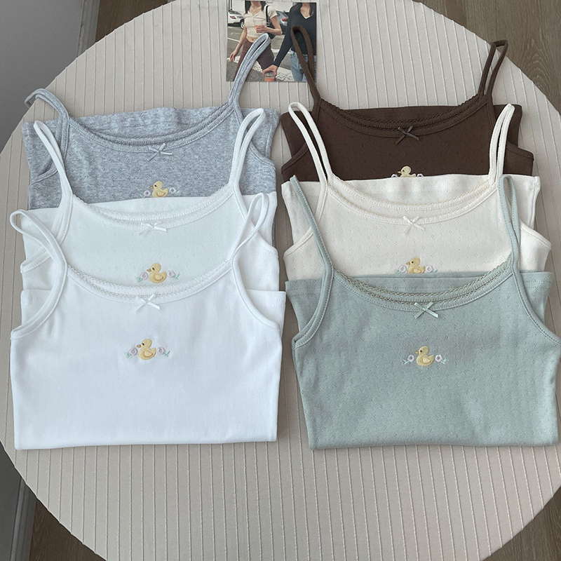 Little Duck Embroidery Cute Crop Top Summer Bow Cotton Sleeveless Slim Tank Tops Women Preppy Style Solid Sweet Camisole Y2k