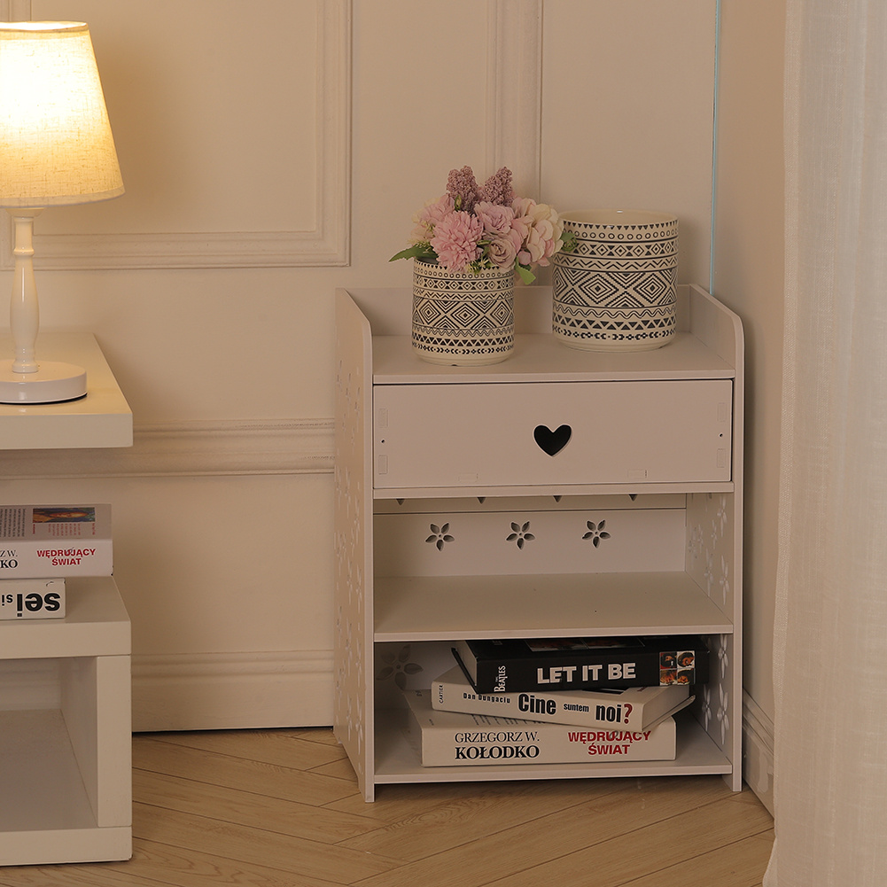 Mesita de noche de madera con cajón y 2 estantes de almacenamiento, decoración de flores