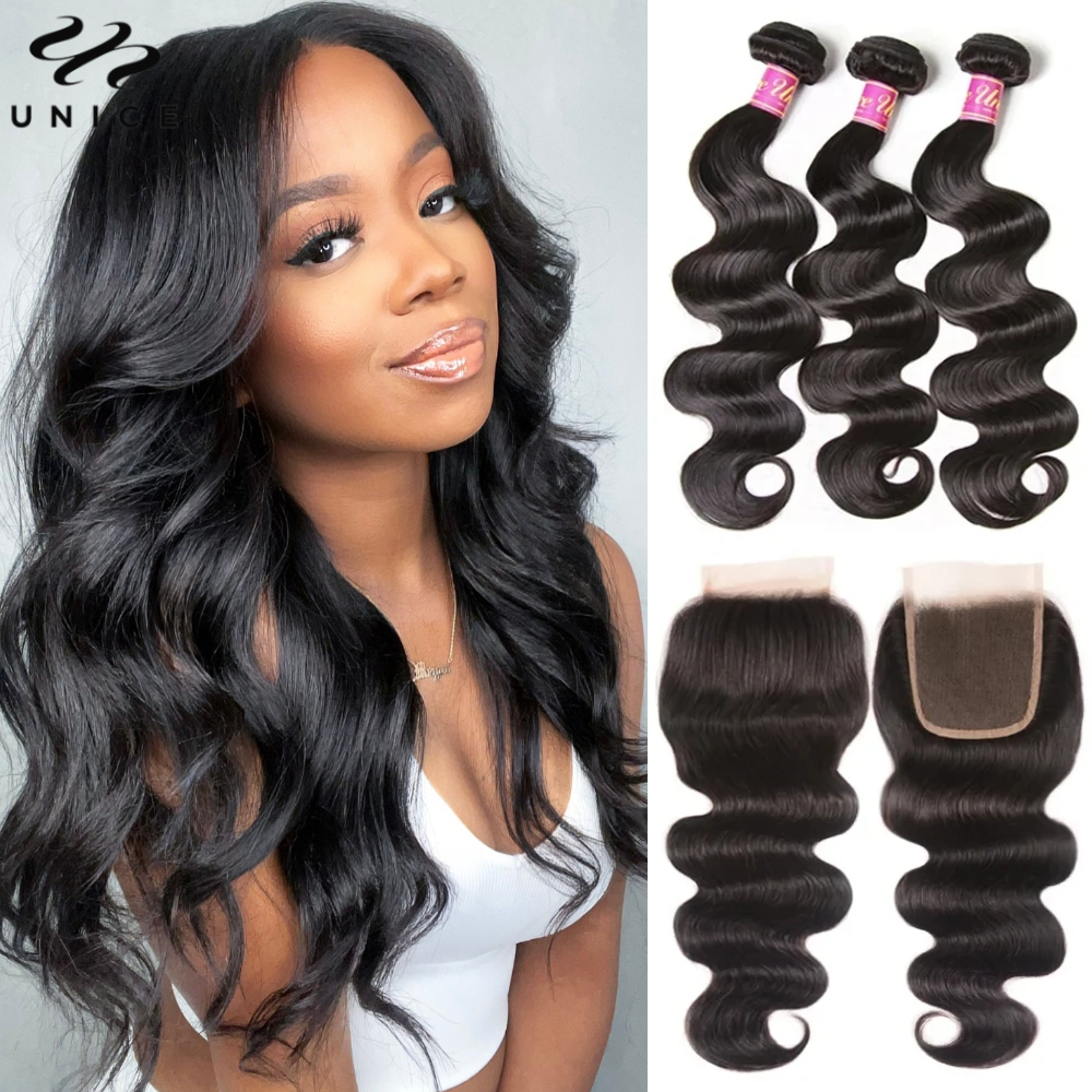 Extensiones de cabello humano Unice Hair Body Wave con cierre Color Natural 100% cabello humano 3/4 Uds mechones con cierre de encaje de 4x4 pulgadas