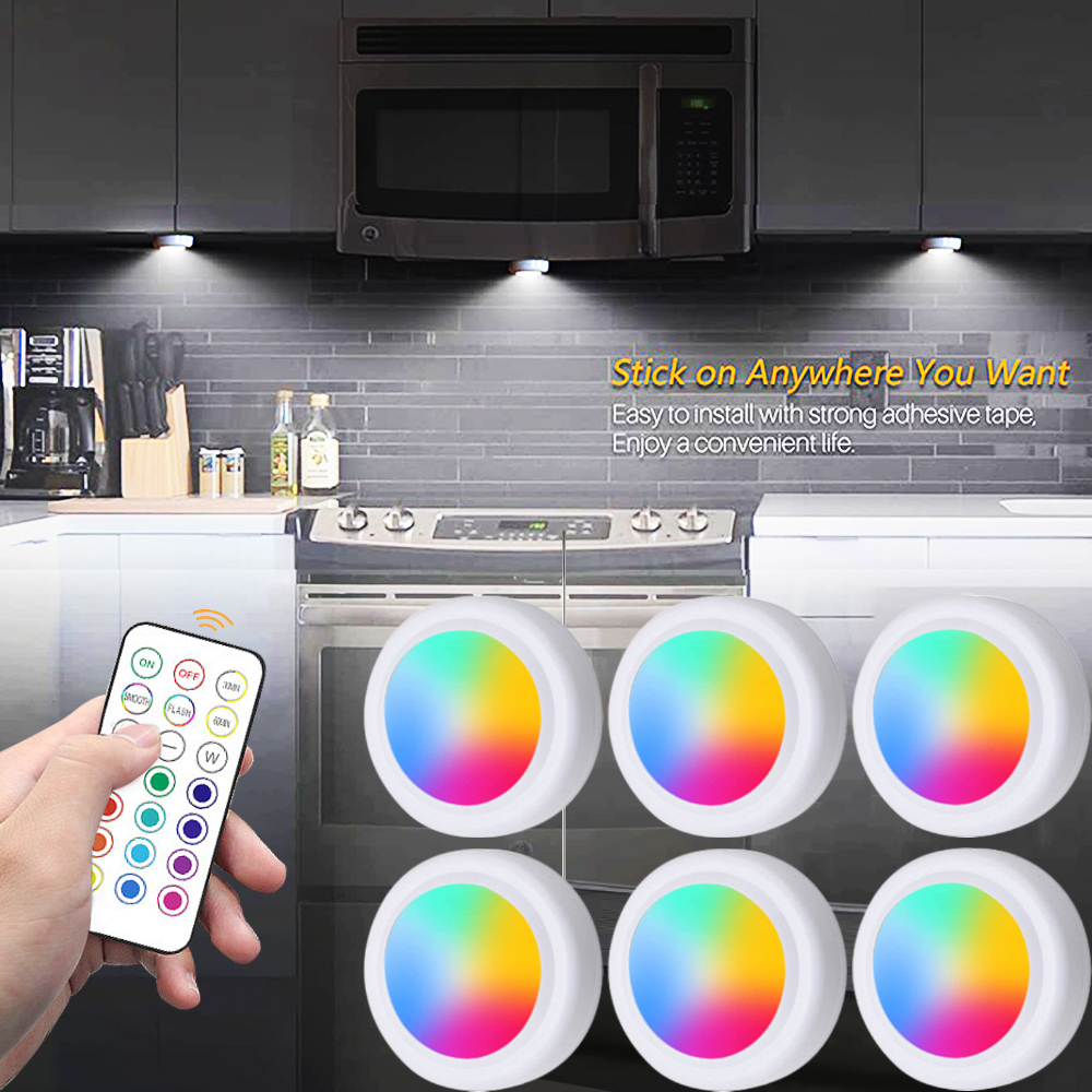 Luces LED RGB para debajo del gabinete con Control remoto, lámpara nocturna regulable inalámbrica alimentada por batería, luces LED para luz de armario del hogar