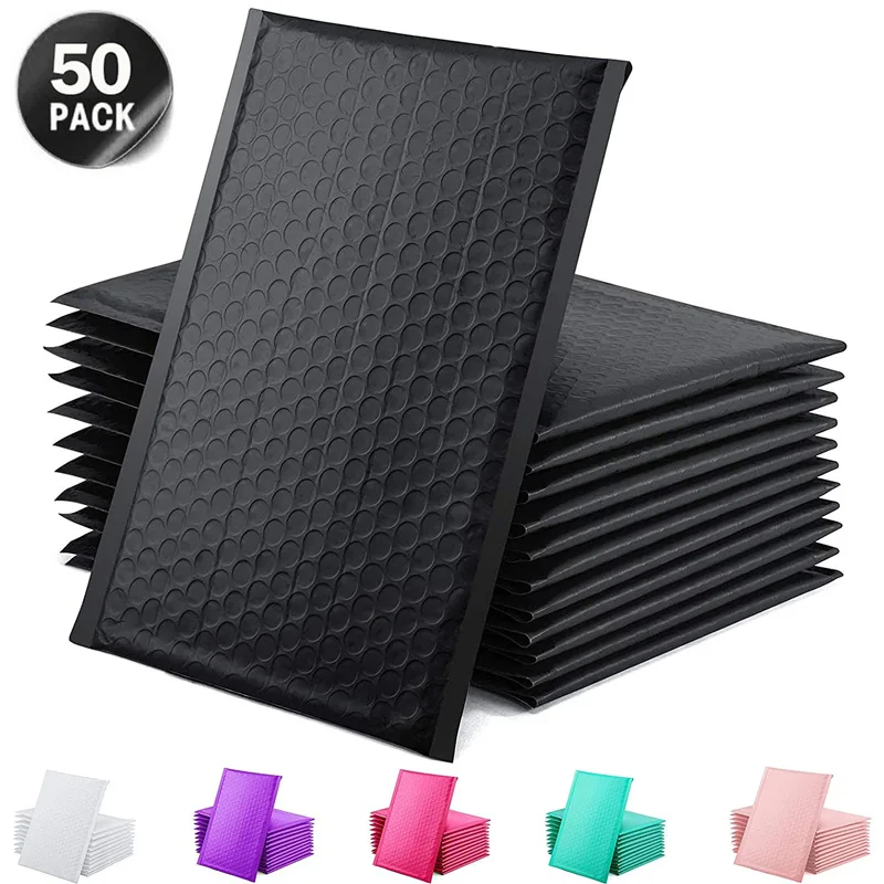 Bolsa de embalaje de 50 piezas, sobres de burbujas para envíos de pequeñas empresas, color negro