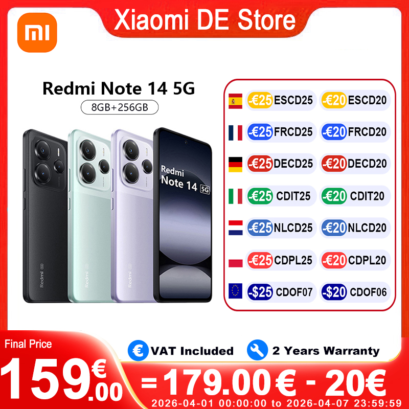 Xiaomi Redmi Note 14 5G Versión Europea 8+256GB Dimensity 7025-Ultra Pantalla AMOLED 6,67" 120Hz, 108MP, 5110mAh, 45W, IP64, NFC