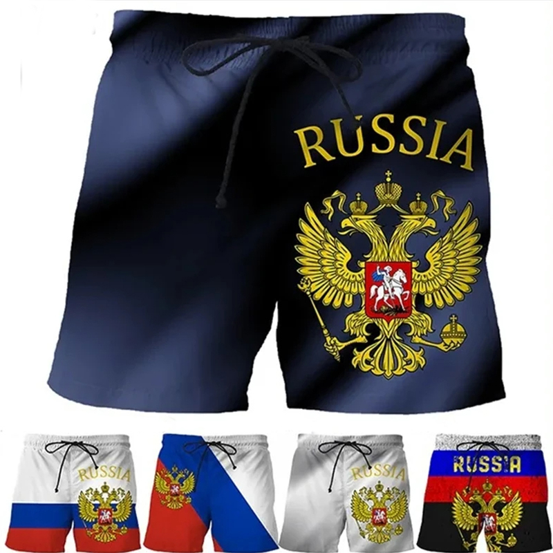Rosyjska flaga emblemat krótkie spodnie męskie wakacyjne nadruk 3D nowy modny strój kąpielowy Homme 2024 Casual Street oversize męskie spodenki z lodem