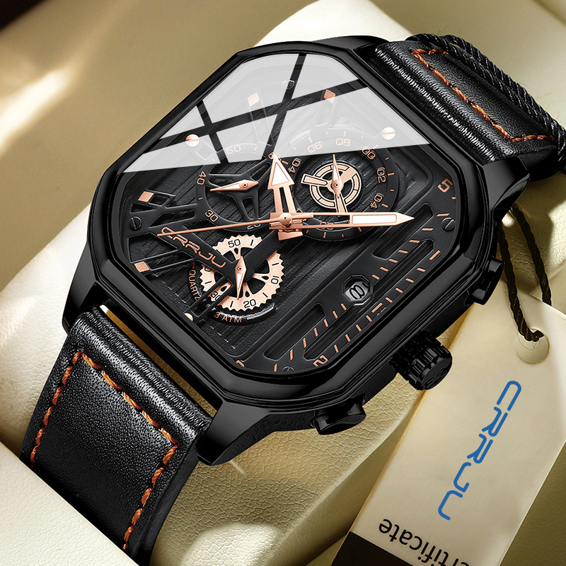 CRRJU mode cadran carré en cuir hommes montres de luxe Sport montre étanche Homme chronographe Quartz montres Homme + boîte