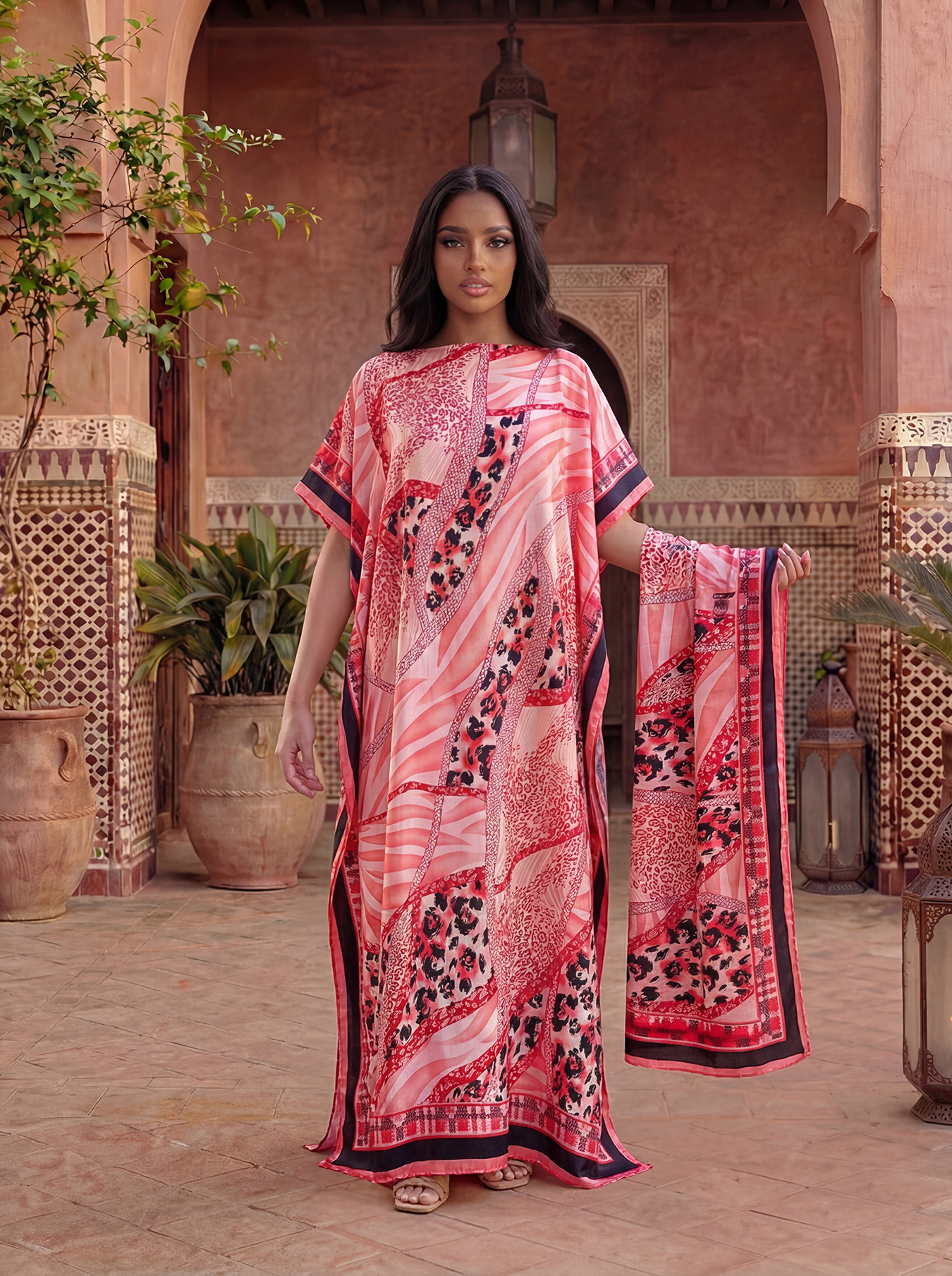 Gemengde luipaard-zebra print abaya met sjaal, losse maxi kaftan voor Afrikaanse moslimvrouwen, zomerse strand- en vakantiekleding