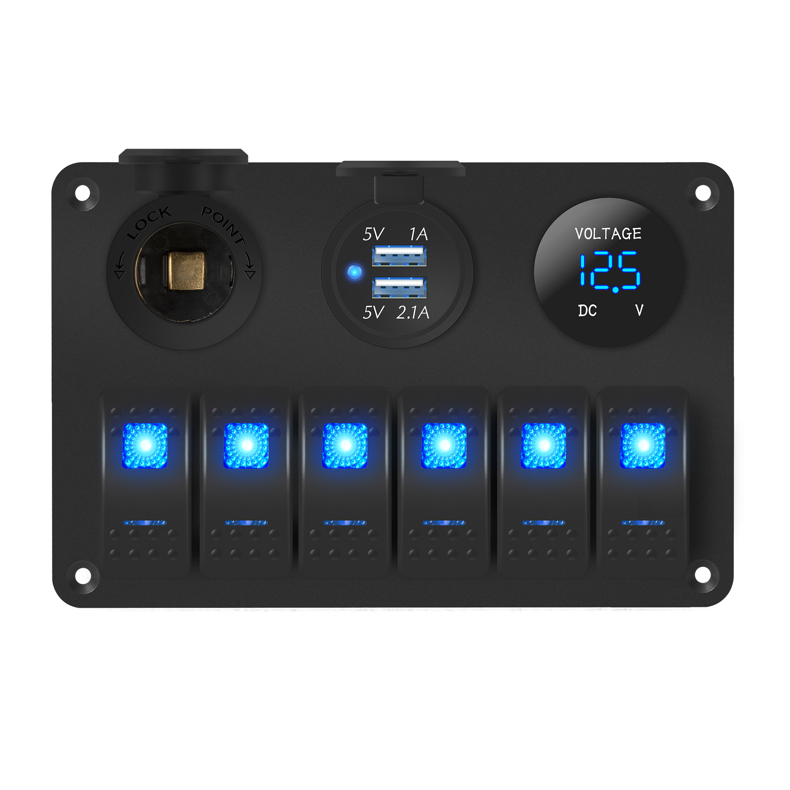 6-voudig maritieme tuimelschakelaarpaneel waterdicht 12 volt, boottuimelschakelaarpaneel 12V blauwe LED verlicht voor boot auto RV UTV met USB