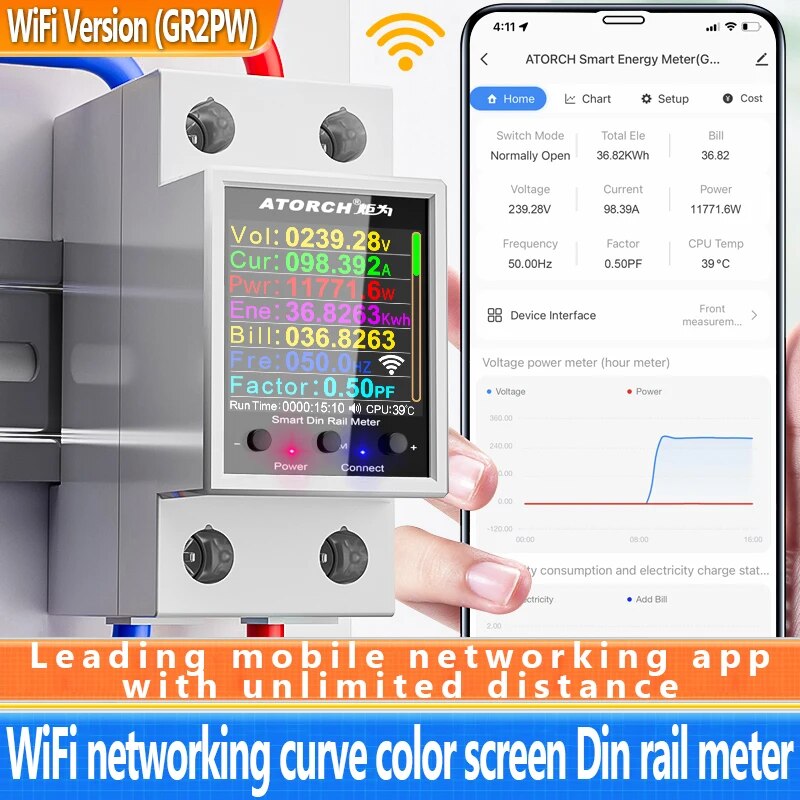 100A Tuya WiFi Din Rail Power Energy Meter AC50-320V Smart Strom Meter Digital Display Monitor Spannung Kurve Amperemeter GR2PW