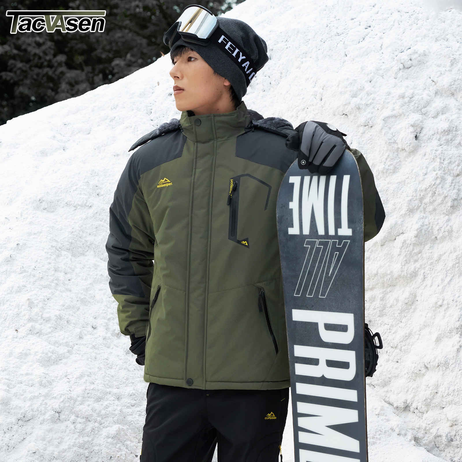 Jaqueta de Esqui Masculina para Inverno, Impermeável, Isolada, Forrada com Fleece, Parka Térmica com Capuz para Neve