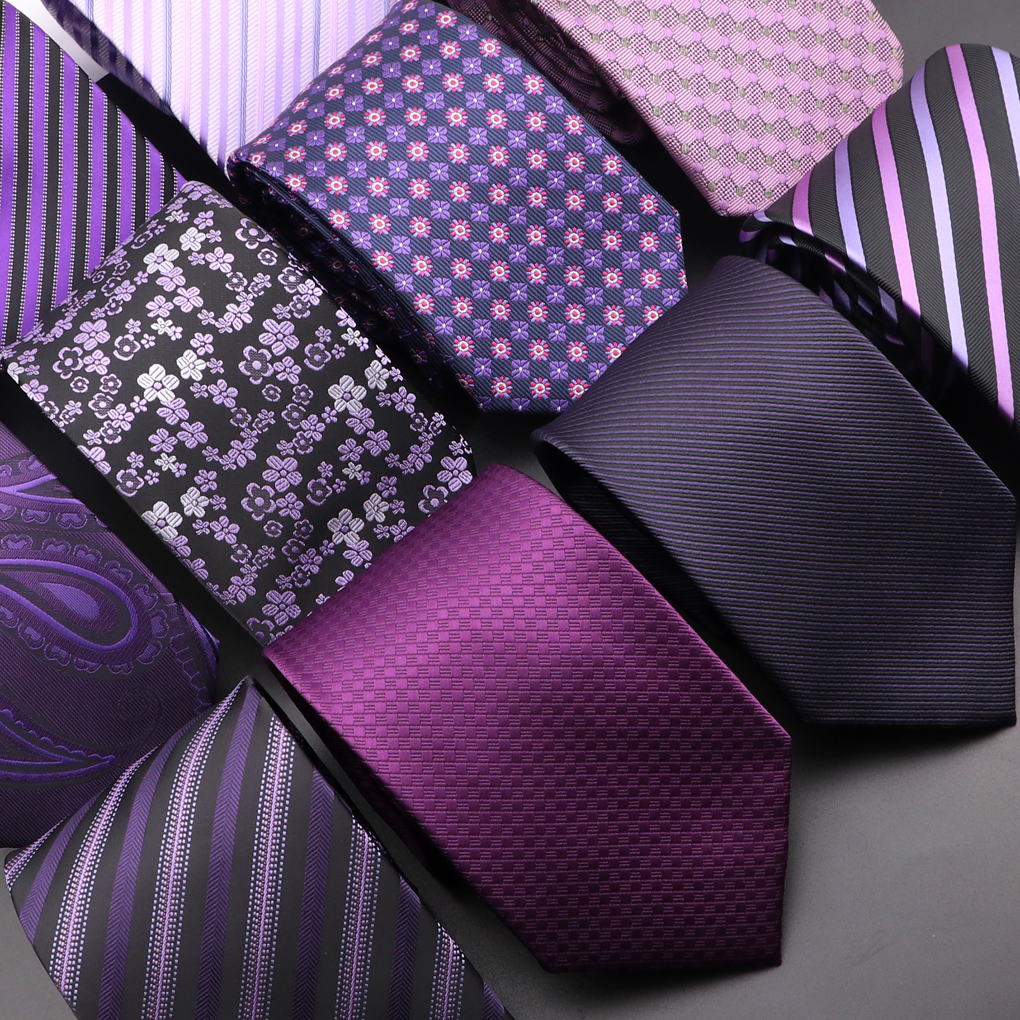 Nuevo diseño, corbata de boda para hombre, corbatas moradas lisas a rayas con flores de Paisley, corbatas de negocios para hombre, Dropshipping, Collar para novio, accesorios de regalo