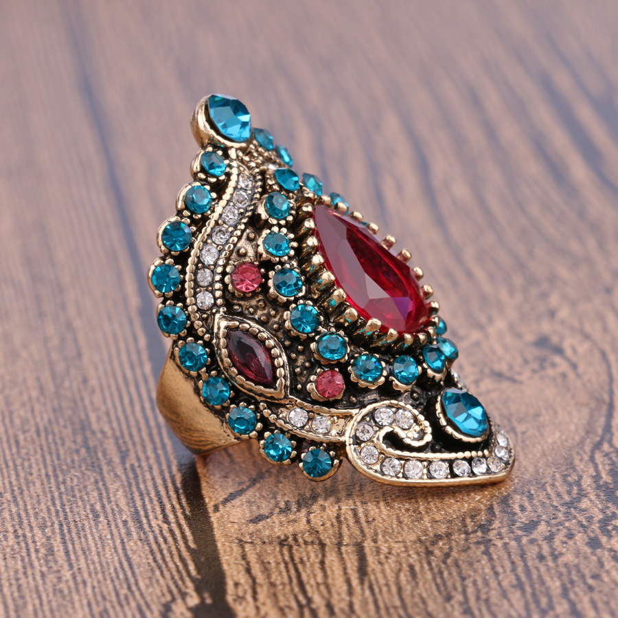 Modny różowy kryształowy niebieski diamentowy pierścionek w stylu Vintage dla kobiet dziewczyn na przyjęcie zaręczynowe prezenty urodzinowe Boho ekskluzywny pierścień biżuteria