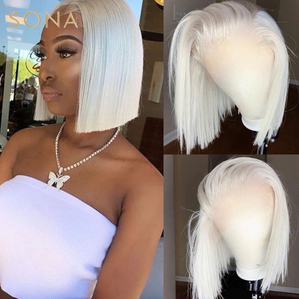 13x4 # 60 colores blanco platino rubio ceniza Bob peluca con malla Frontal cabello humano Pre desplumado brasileño Remy peluca Frontal de encaje recto