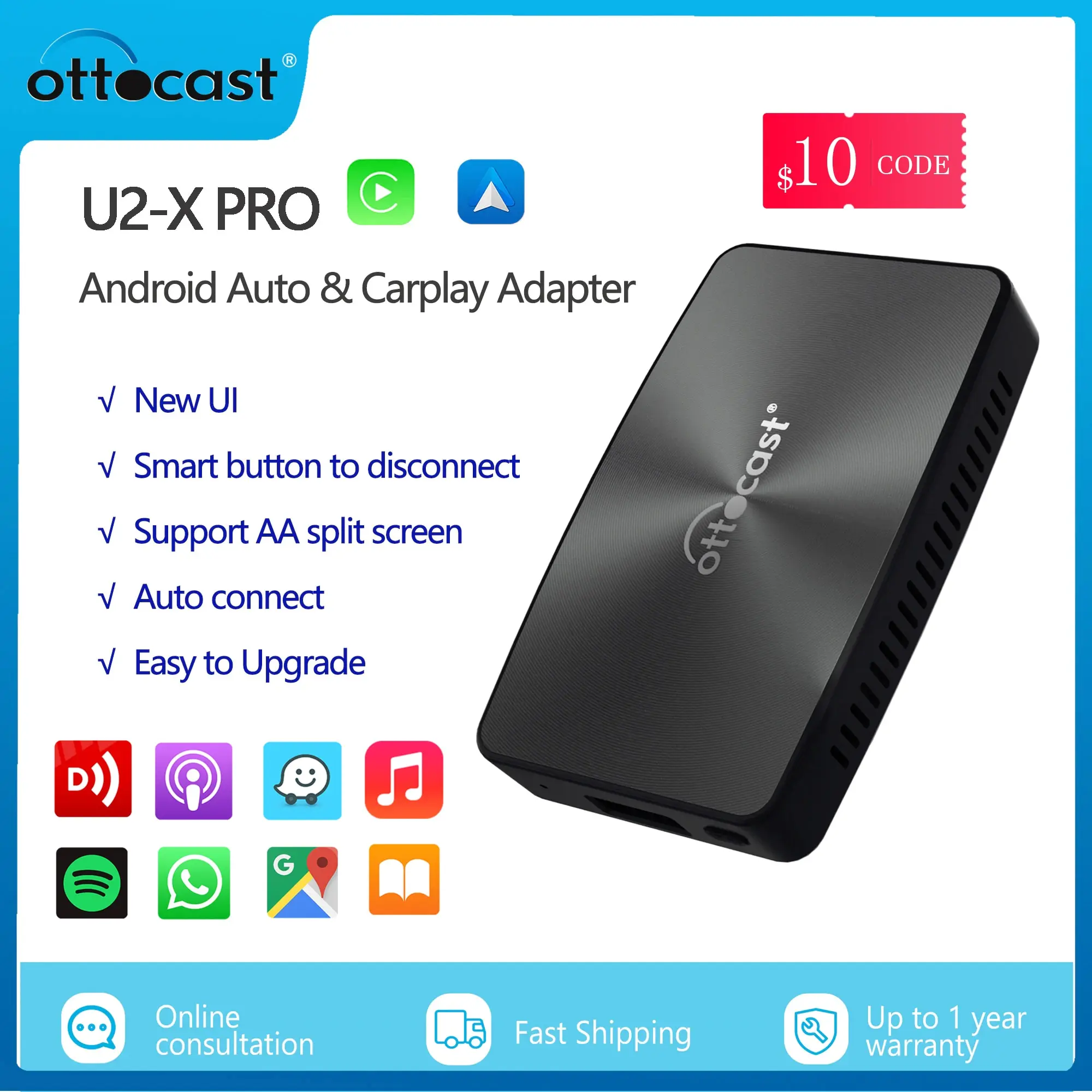 OTTOCAST U2 X PRO Беспроводной адаптер CarPlay Android Auto 2 в 1 Carplay Smart Box Plug Play Мультимедийный плеер для Toyota KIA