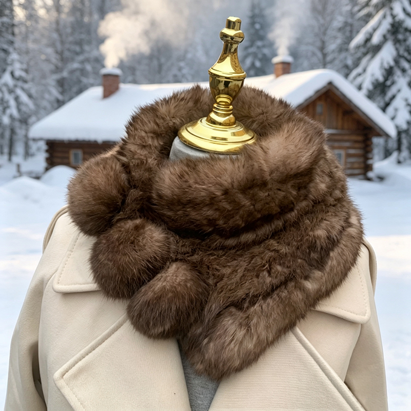 Szalik z futra królika w kolorze sable, damski zimowy ocieplacz na szyję z futra, puszyste szaliki z prawdziwym pomponem, dwustronny dzianinowy szal Pashmina.