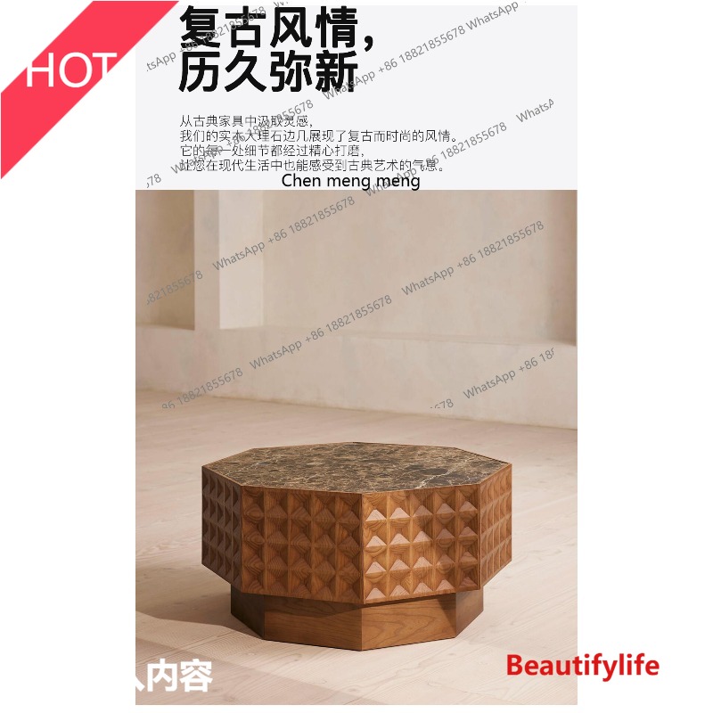 02A Medieval coffee table side table French stone special-shaped solid wood bedside table marble designer