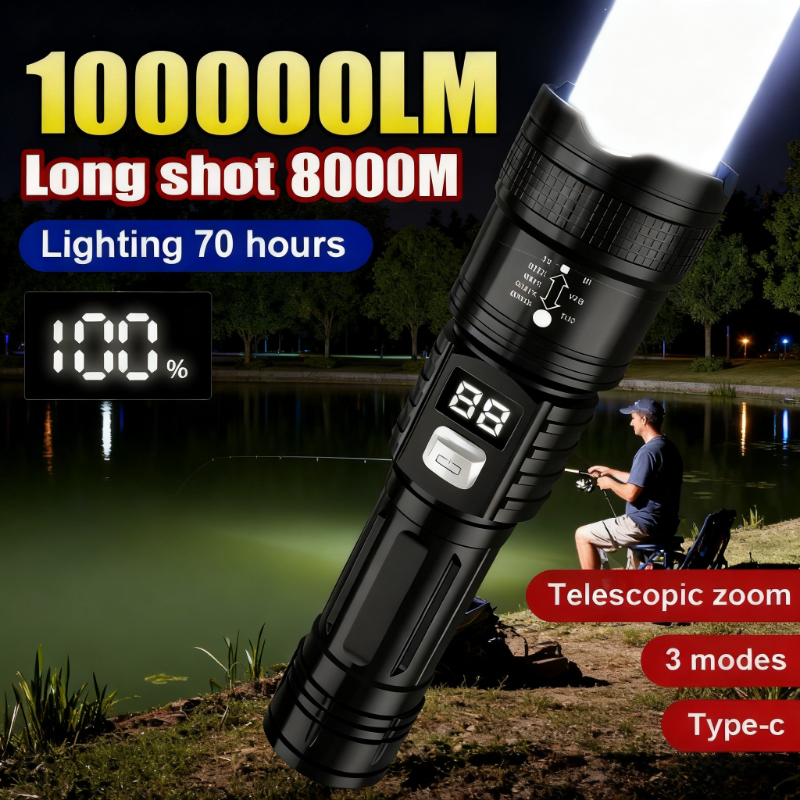 Linterna superbrillante de 100000LM, linterna LED recargable, lámpara táctica de largo alcance para exteriores, impermeable, linterna para acampar y pescar