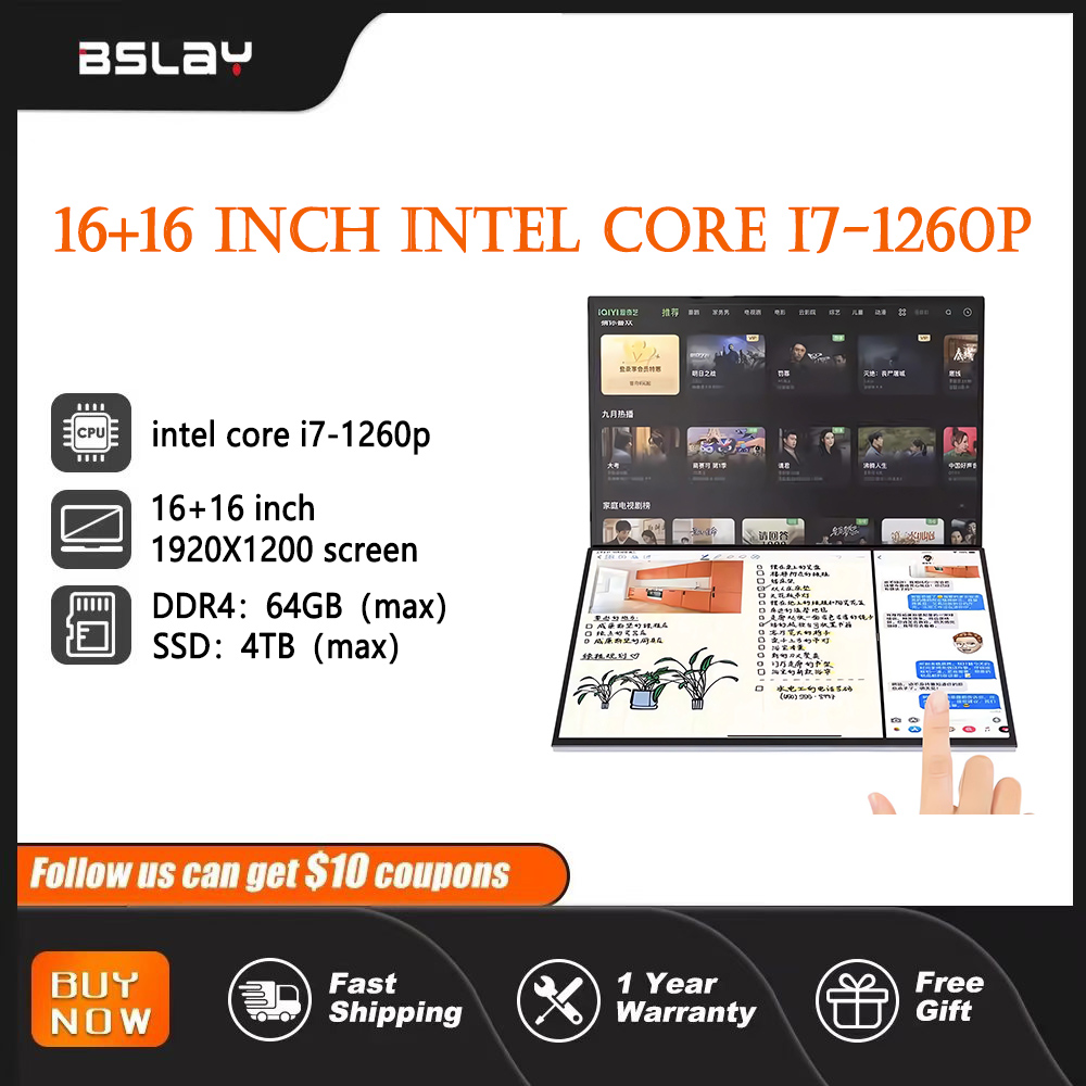 16+16 inch dual screen laptop i7-1260p touch screen RAM 64GB SSD4TB 1920 * 1200 12 core 16 thread 4.70Ghz dual channel DDR4