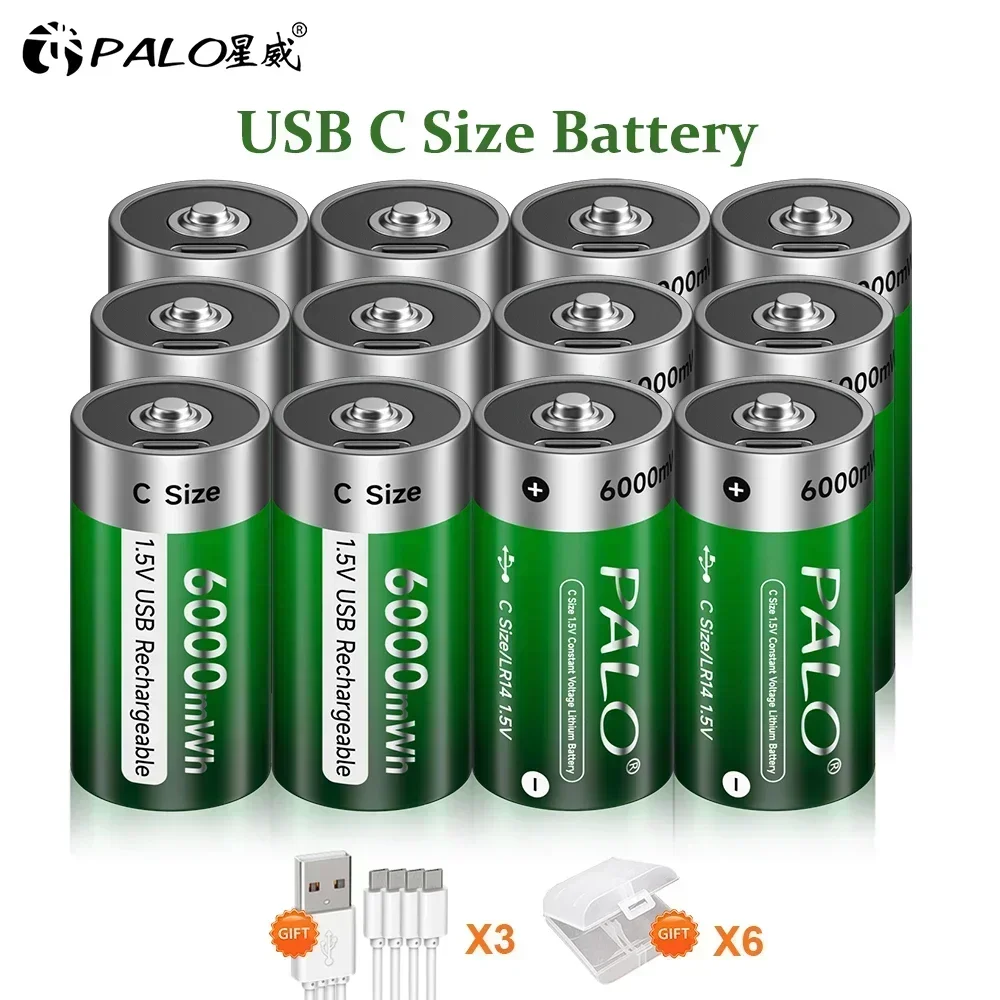 Palo baterai isi ulang Lithium 1.5V R14 LR14, pengisi daya USB UKURAN C baterai Li-ion untuk pemanas air kompor Gas alat cukur Radio