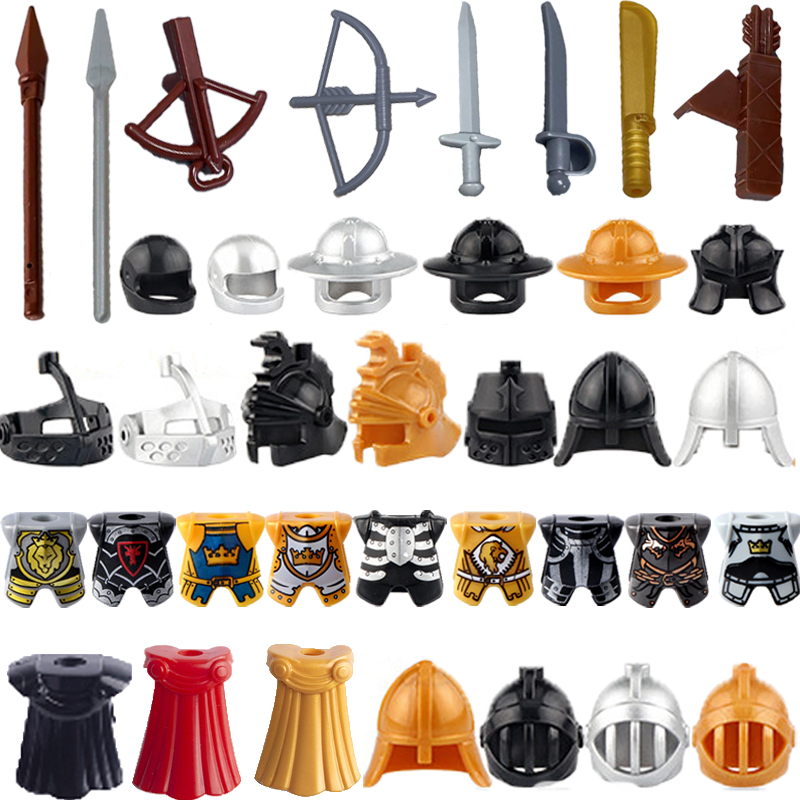 Bloques de construcción MOC, figuras de soldado de caballero Medieval, armas, accesorios, espada, lanza, capa, chaleco, casco, armadura, regalos, juguete, Mini ladrillos