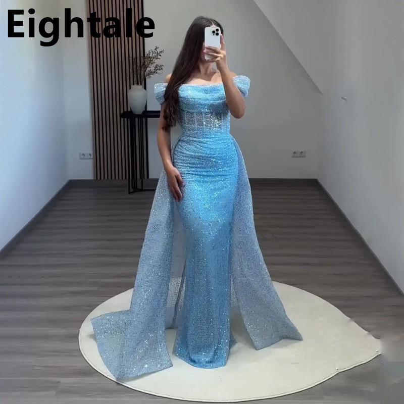 Eightale brilhante lantejoulas vestido de baile fora do ombro céu azul vestido de noite feminino formal vestido de festa robes de soirée personalizado