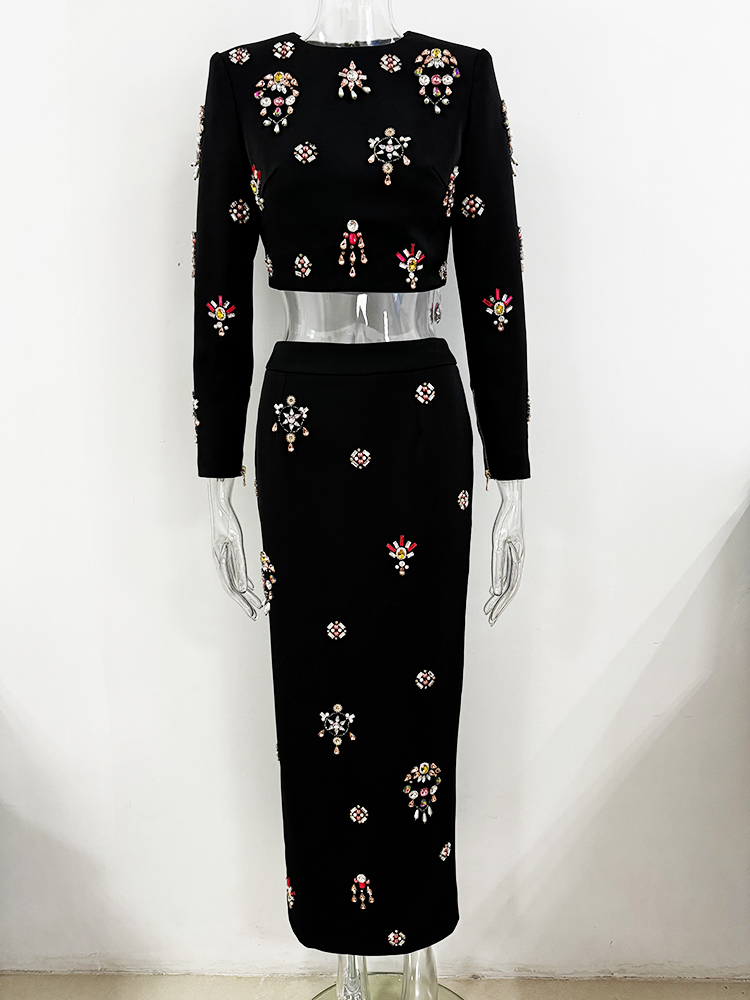 HIGH STREET Nieuwste 2026 Designer Runway Pak Set Dames O-hals Rits Achterkant Gekropt Top Lange Rok Set 2-delig