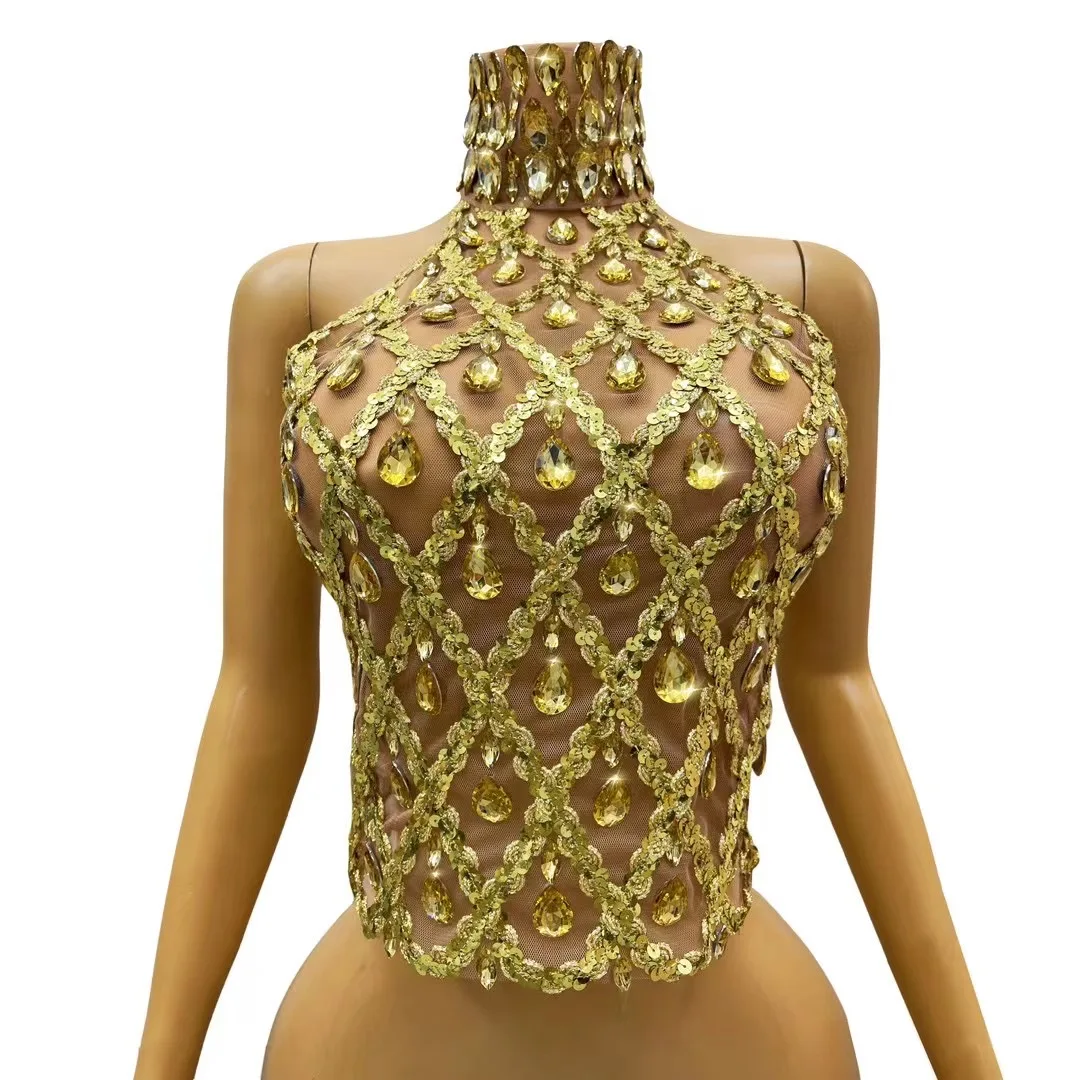 Women Sexy See Through Evening Party Birthday Wear Nightclub Stage Performance Costume Sparkly Gold Rhinestone Mesh Tops