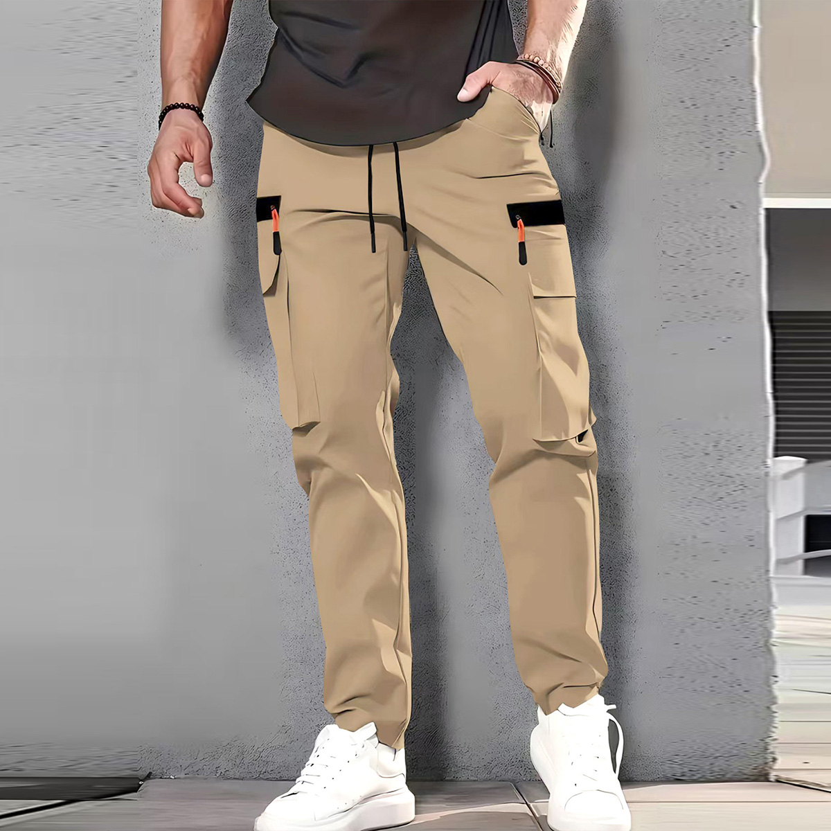 Men's Spring/Summer New Multi-pocket Quick-dry Straight-leg Cargo Pants, Waterproof Fabric with Drawstring Design