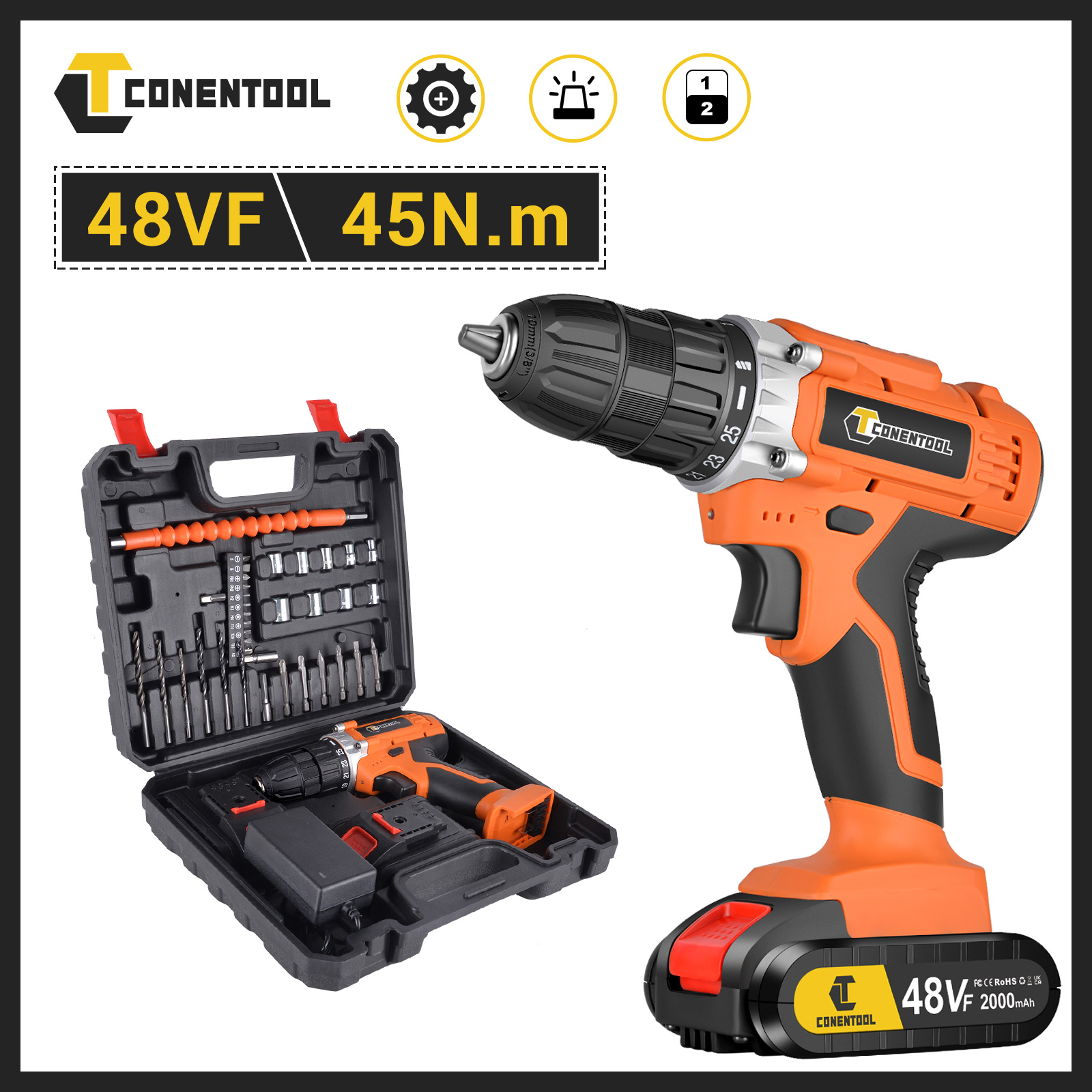 CONENTOOL 48VF Accuboormachine Combi Driver Elektrische schroevendraaierset met batterijhouder Akkuschrauber Akku-Schlagbohrschrauber