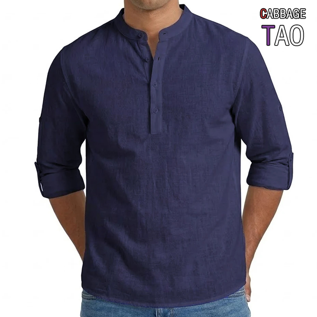 Kemeja Pria Premium Campuran Linen Lengan Panjang Model Henley Atasan Musim Panas Gaya Hawaii Kaos Kasual Bahan Katun Bernapas untuk Pria