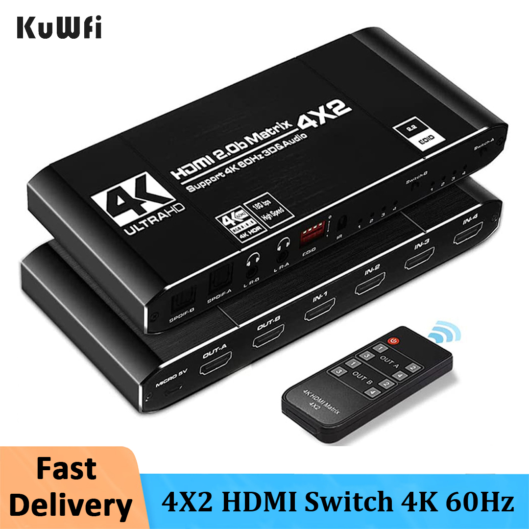 KuWFi-Commutateur HDMI 4K 60Hz, commutateur de matrice HDMI2.0, répartiteur 4X2 avec télécommande et prise en charge L/R 3.5mm HDCP 2.2 pour TVbox PS4