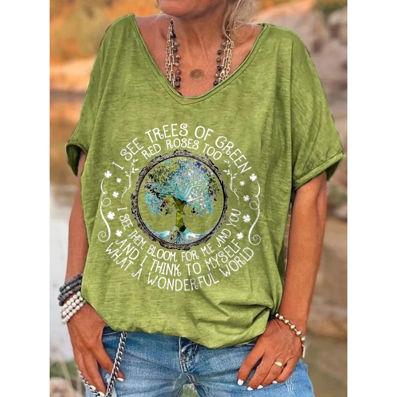 Istile Kaus Wanita Kerah V Hippie What A Wonderful World Print T-Shirt Musim Panas Lengan Pendek Pakaian Wanita Atasan Kaus Kasual